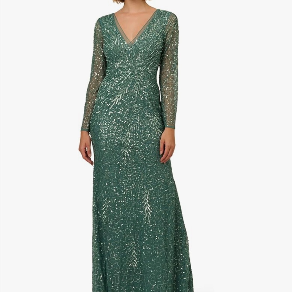 Adrianna Papell Teal Sequin Long Sleeve Gown